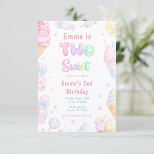 Sweet Two パステルキャンディー 誕生日パーティー 招待状 (スタンド正面)