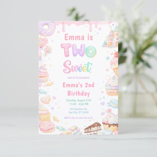 Sweet Two パステル キャンディ 2歳の誕生日パーティー 招待状 (スタンド正面)