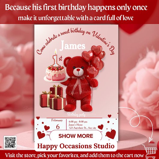 Sweet Valentine's バースデー招待状 - 1歳の誕生日 サンキューカード