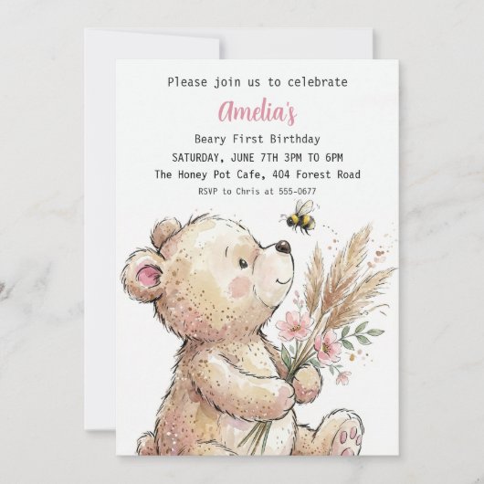 Sweet Watercolor Bear Girl Birthday 招待状 (正面)