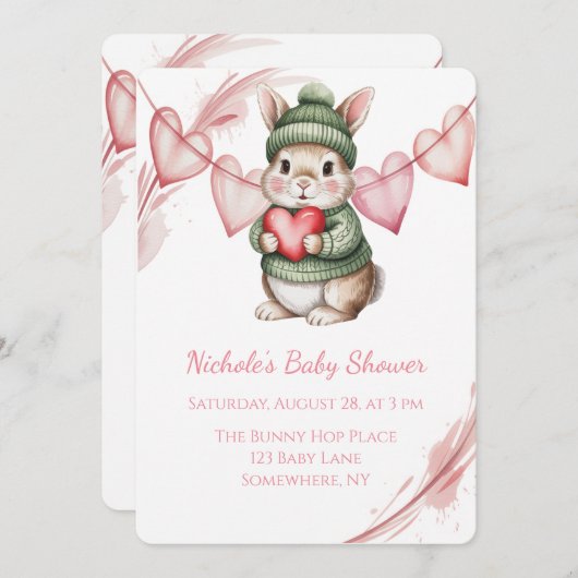 Sweet Watercolor Bunny Baby Shower 招待状 (正面/裏面)