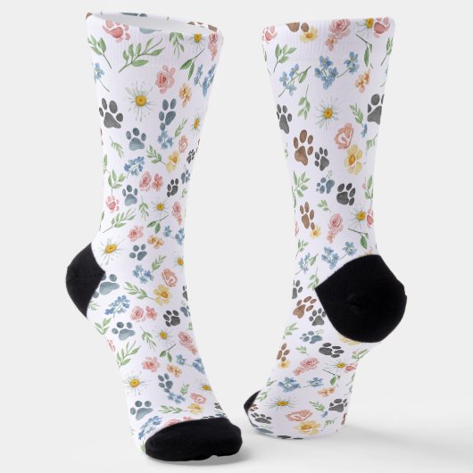 🐾 Sweet Watercolor Floral and Paw Print ソックス (傾斜あり)
