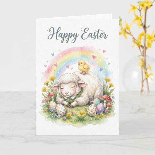Sweet Watercolor Sheep Easter Card カード (黄色い花)