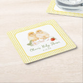 Sweet Watercolor Strawberry Chicks Baby Shower スクエアペーパーコースター (アングル)