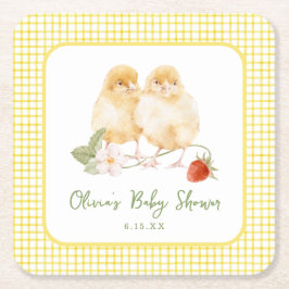 Sweet Watercolor Strawberry Chicks Baby Shower スクエアペーパーコースター