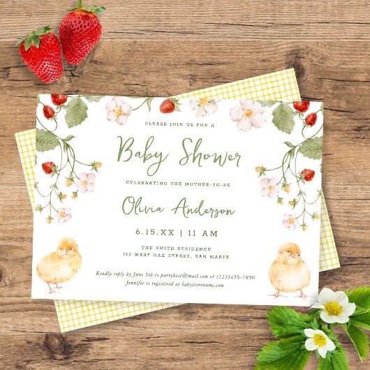 Sweet Watercolor Strawberry Chicks Baby Shower 招待状