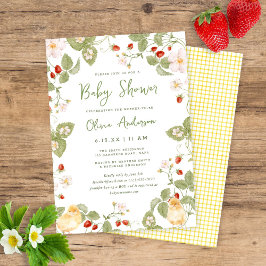 Sweet Watercolor Strawberry Chicks Baby Shower 招待状