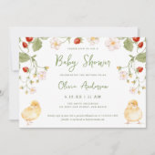 Sweet Watercolor Strawberry Chicks Baby Shower 招待状 (正面)