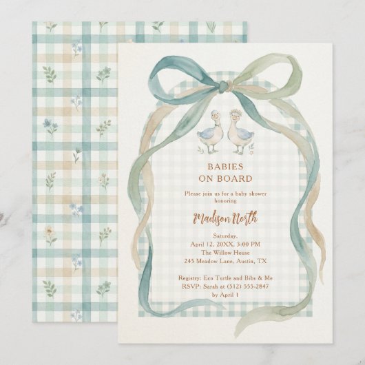 Sweet Watercolor Twins Geese Gingham Shower LPM26 招待状 (正面/裏面)