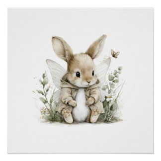 Sweet watercolour fairy bunny illustration ポスター