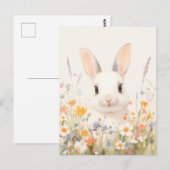 Sweet White Rabbit in Spring Meadow ポストカード (正面/裏面)