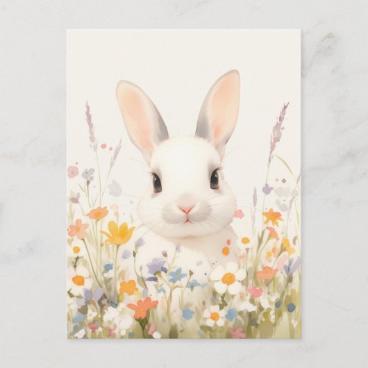 Sweet White Rabbit in Spring Meadow ポストカード (正面)
