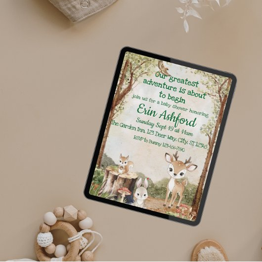 Sweet Woodland Animal Adventure Begins Baby Shower 招待状
