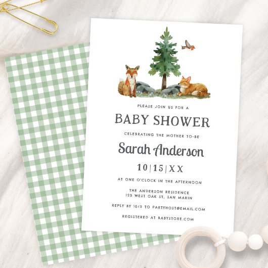 Sweet Woodland Watercolor Neutral Baby Shower 招待状