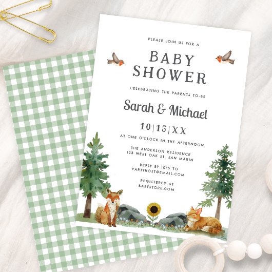 Sweet Woodland Watercolor Neutral Baby Shower 招待状