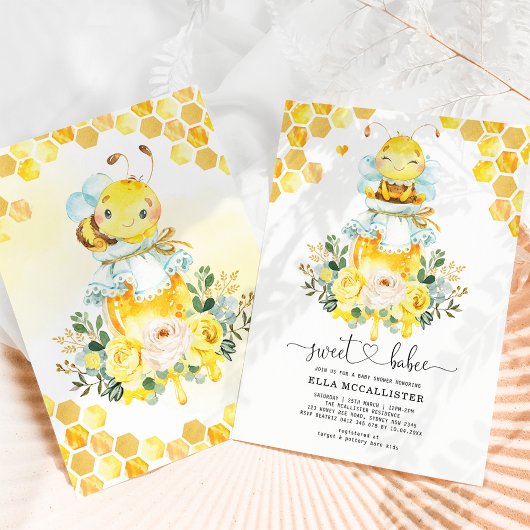 Sweet Yellow Gold Honey Bee Floral Baby Shower 招待状