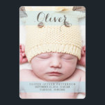 Sweetest Dream Two Photo モダン Birth Announcement 案内状<br><div class="desc">徹底的モダンに簡単にエレガント、このデザインはあなたの甘い小さな男の子を紹介するのに最適な方法である。美しいキュラシブタイポグラフィ、柔らかい半透明の青い色のバンドと2つの大きなベビーの写真–1つは前面に、1つは背面に。フロントはベビーの誕生情報を保持し、背面には親や家族の情報と一緒になるパーソナライズされた特別な文字領域を保持する。</div>