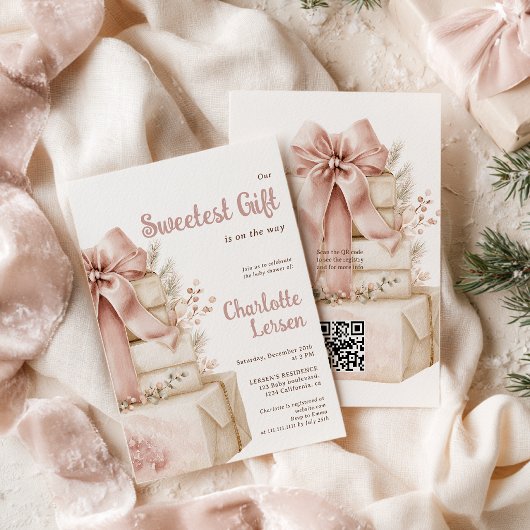 Sweetest Gift クリスマス 女子 赤ちゃんのシャワーパーティー QR 招待状