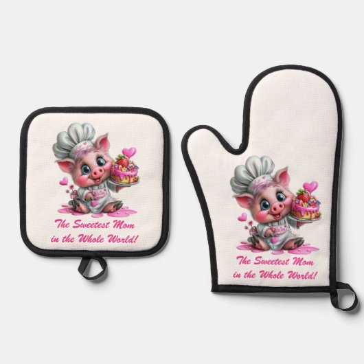 Sweetest Mom Pig Chef Oven Mitts & Pot Holder Set 鍋つかみ&鍋敷きセット (正面)