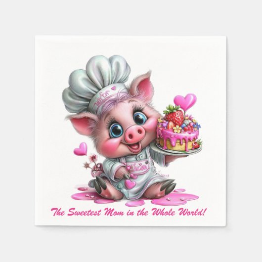 Sweetest Mom Pig Chef Party Napkins スタンダードカクテルナプキン (正面)