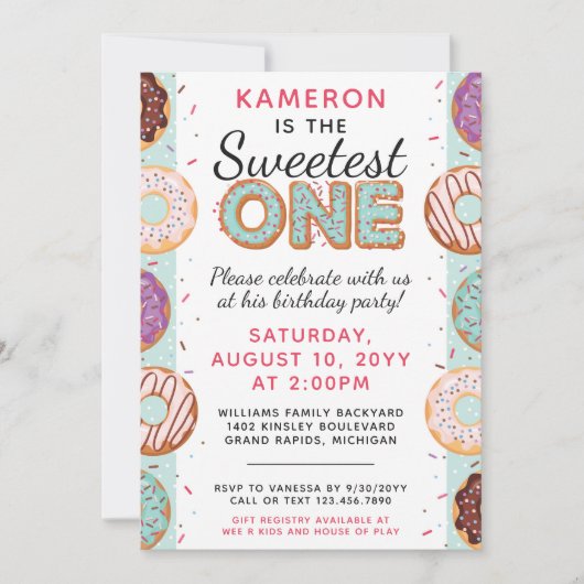 SWEETEST ONE Blue Iced Donutsベビー第1誕生日 招待状 (正面)