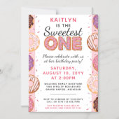 SWEETEST ONE Pink Iced Donutsベビー第1誕生日 マグネット招待状 (正面)