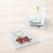 Sweetheartさくらんぼの水彩画カスタム色 ガラスコースター (アングル)