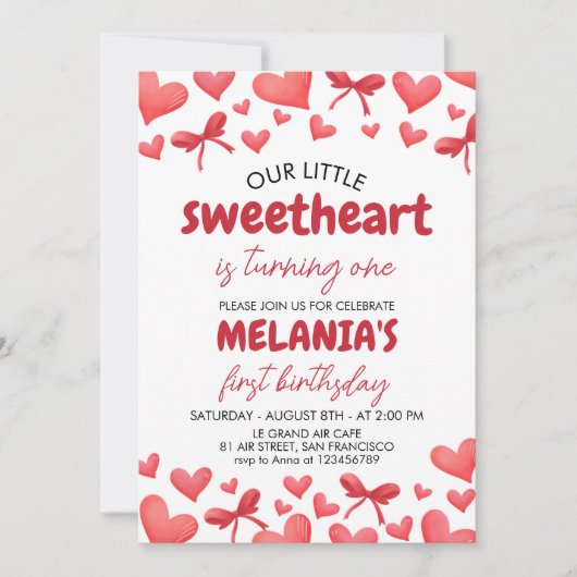 Sweetheart First Birthday Invitation with Hearts 招待状 (正面)