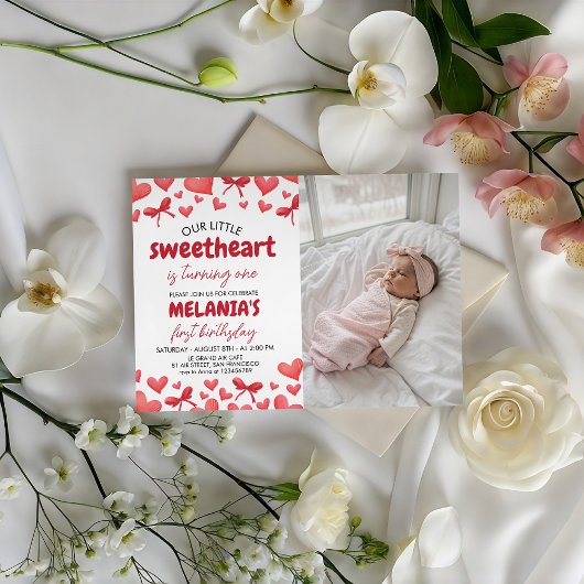 Sweetheart First Birthday Invitation with Photo 招待状