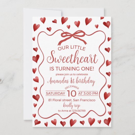 Sweetheart Heart Theme First Birthday Invitation 招待状 (正面)
