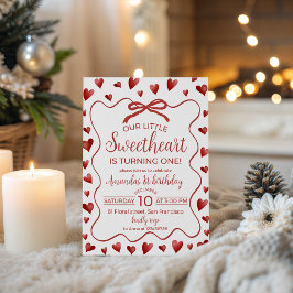 Sweetheart Heart Theme First Birthday Invitation 招待状