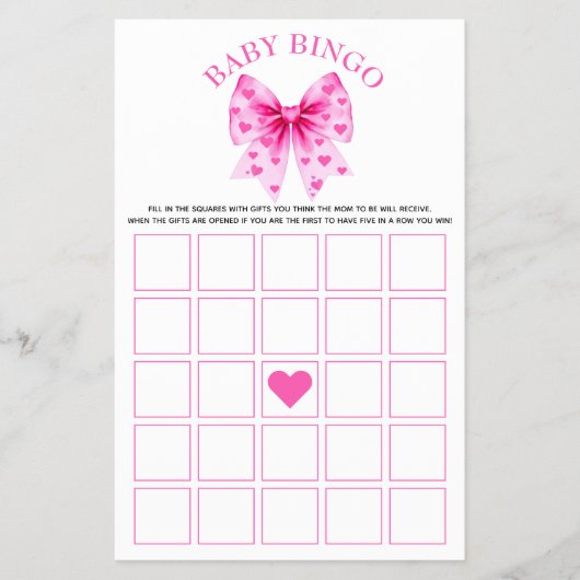 Sweetheart pink bow baby girl shower Bingo game チラシ (正面)