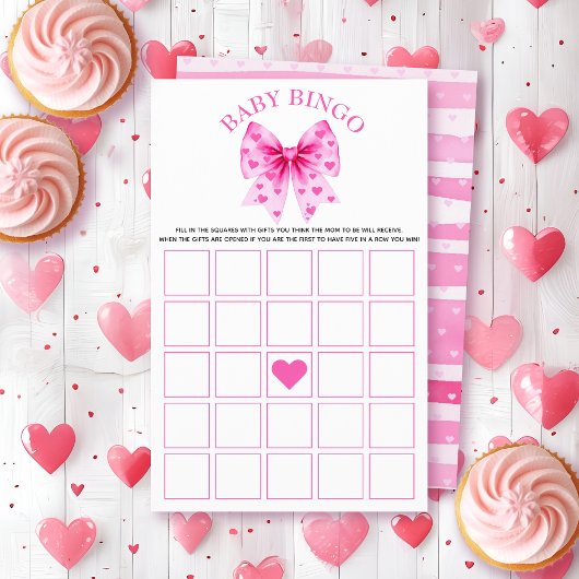 Sweetheart pink bow baby shower Bingo game チラシ