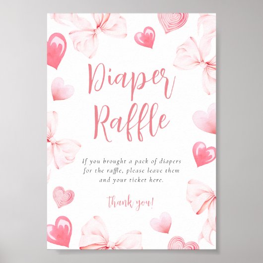 Sweetheart Pink Bow Diaper Raffle Table Sign ポスター (正面)