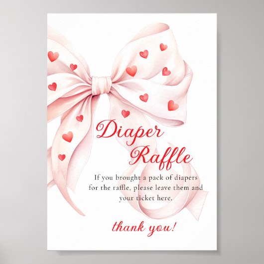 Sweetheart Pink Bow Diaper Raffle Table Sign ポスター (正面)