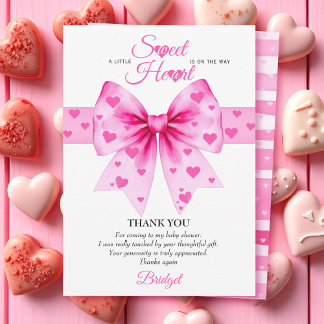 Sweetheart pink bow Valentines girl baby shower サンキューカード