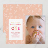 Sweetheart Pink Valentine's Day 1st Birthday写真 招待状 (正面/裏面)