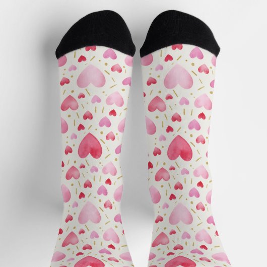 Sweetheart Pink Watercolor & Gold Dash Socks ソックス (上部)