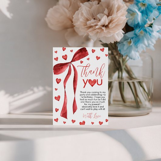 Sweetheart Red Bow Thank You Card 招待状