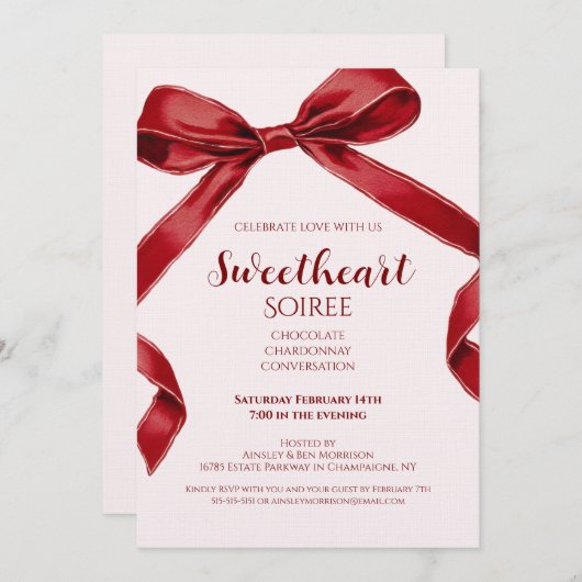Sweetheart Soiree Elegant Bow Valentines Day Party 招待状 (正面/裏面)