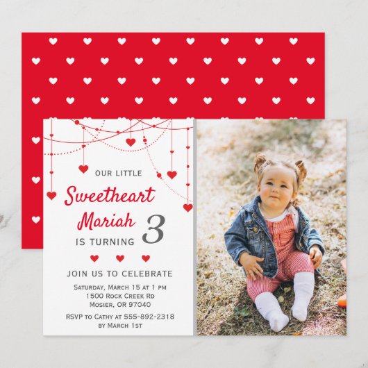 Sweetheart Valentine Girl Birthday Party写真 招待状 (正面/裏面)