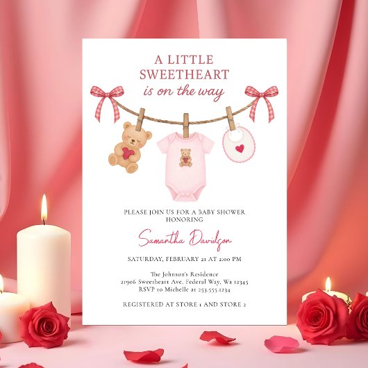 Sweetheart Valentine Teddy Bear Pink Baby Shower 招待状