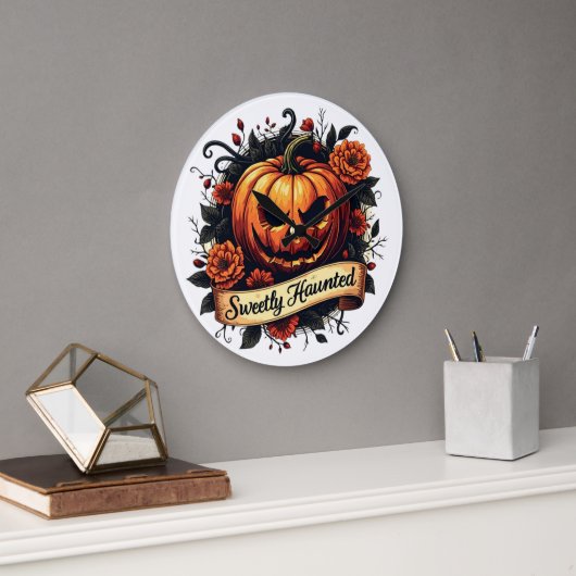 Sweetly Haunted Vintage Pumpkin | フラワーハロウィン ラージ壁時計 (オフィス)