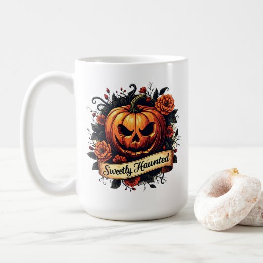Sweetly Haunted Vintage Pumpkin | Floral Halloween コーヒーマグカップ (ドーナツ)