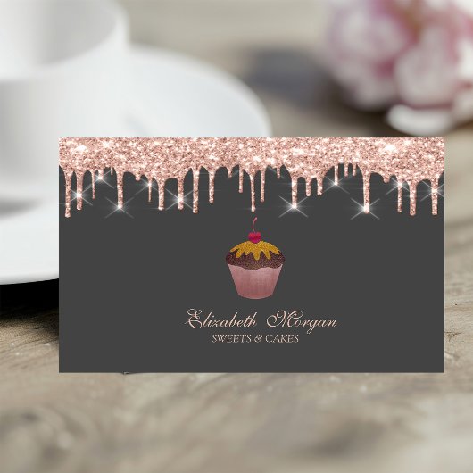  Sweets Cupcake Cherry Rose Gold Drips Bakery  名刺