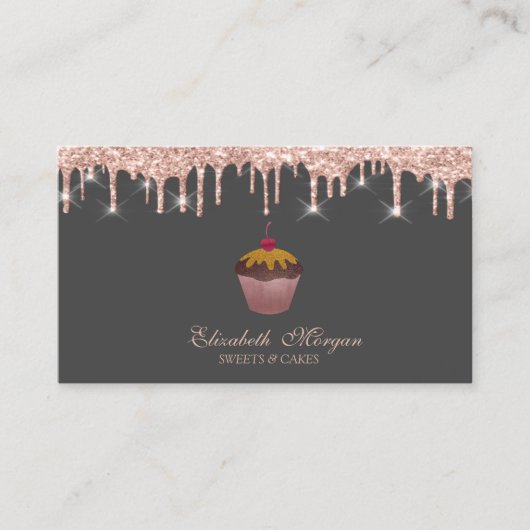  Sweets Cupcake Cherry Rose Gold Drips Bakery  名刺 (正面)
