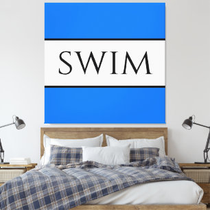 SWIMおもしろいスポーティ明るい青の白い夏のストライプ キャンバスプリント