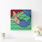 Swimming Mermaid Abstract Painting Square Wall Clo スクエア壁時計 (ホーム)