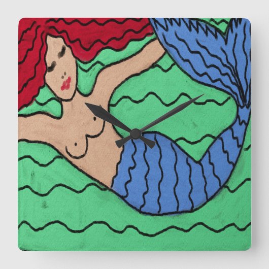 Swimming Mermaid Abstract Painting Square Wall Clo スクエア壁時計 (正面)