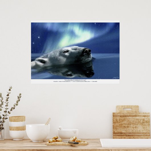 Swimming Polar Bear & Aurora Poster Print ポスター (キッチン)